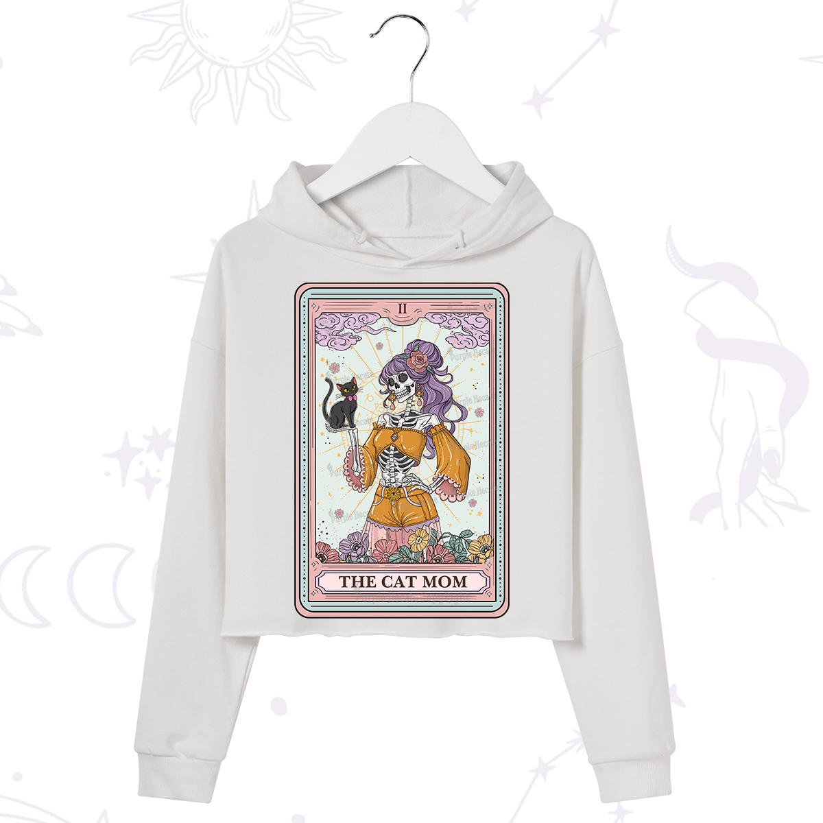 Purplehecate The Skeleton Cat Mom Tarot Card Crop Hoodie