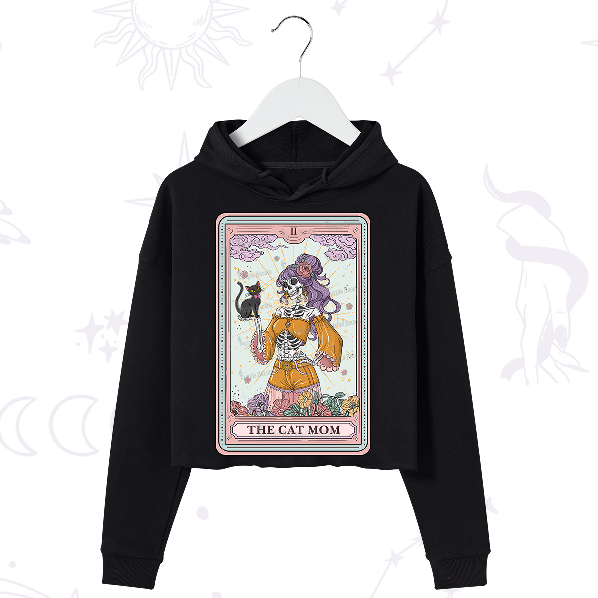Purplehecate The Skeleton Cat Mom Tarot Card Crop Hoodie
