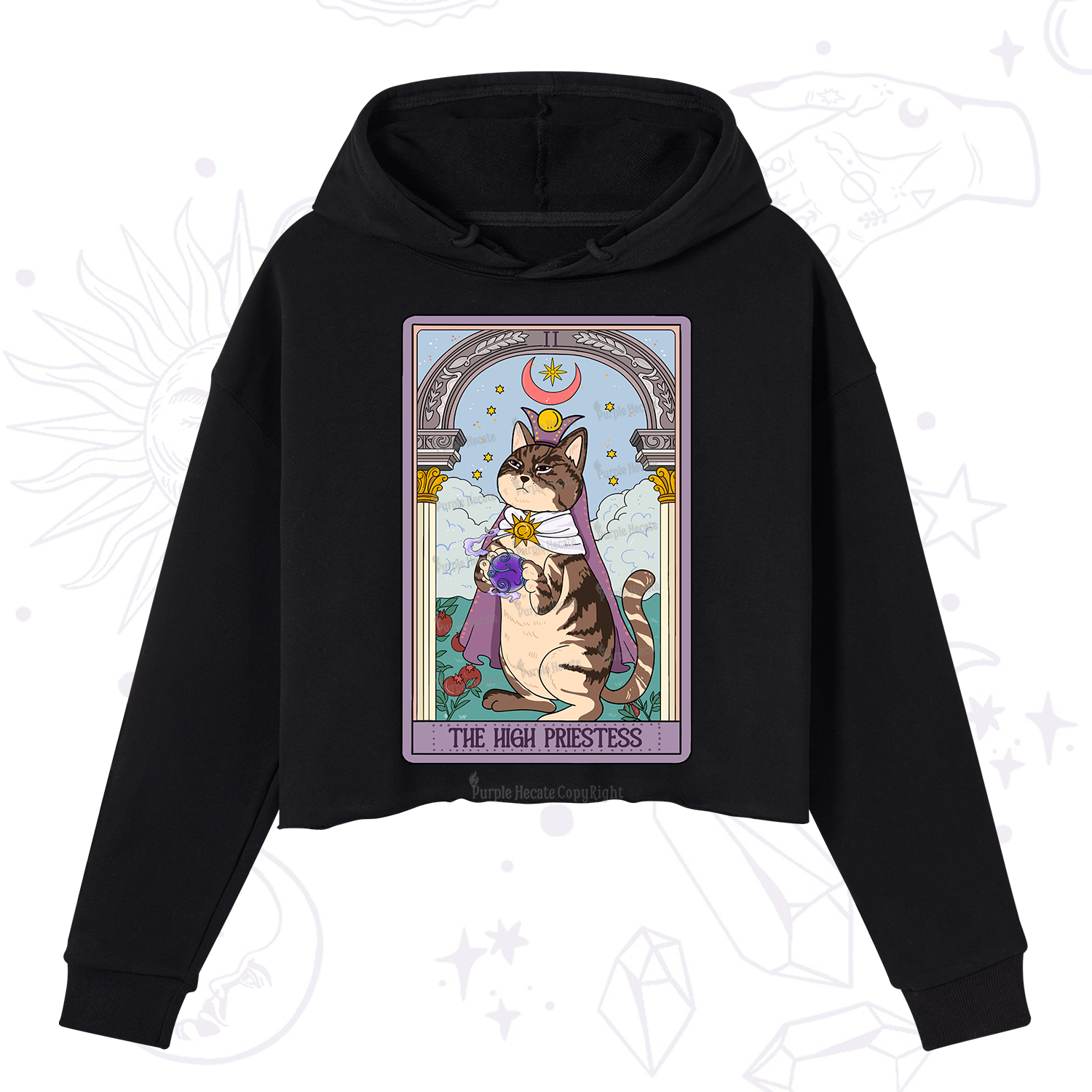 Purplehecate The High Priestess Cat Tarot Crop Hoodie