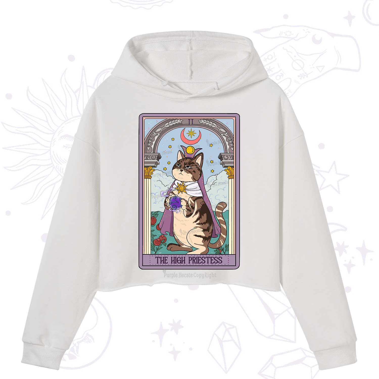 Purplehecate The High Priestess Cat Tarot Crop Hoodie