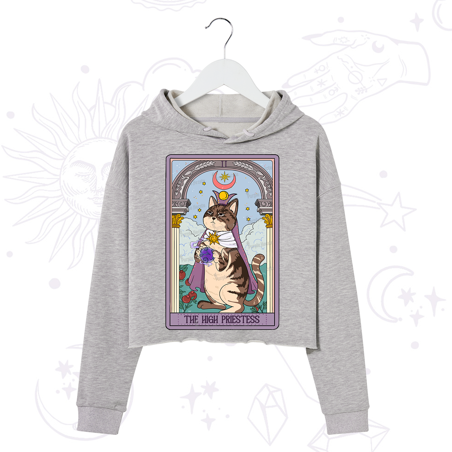 Purplehecate The High Priestess Cat Tarot Crop Hoodie