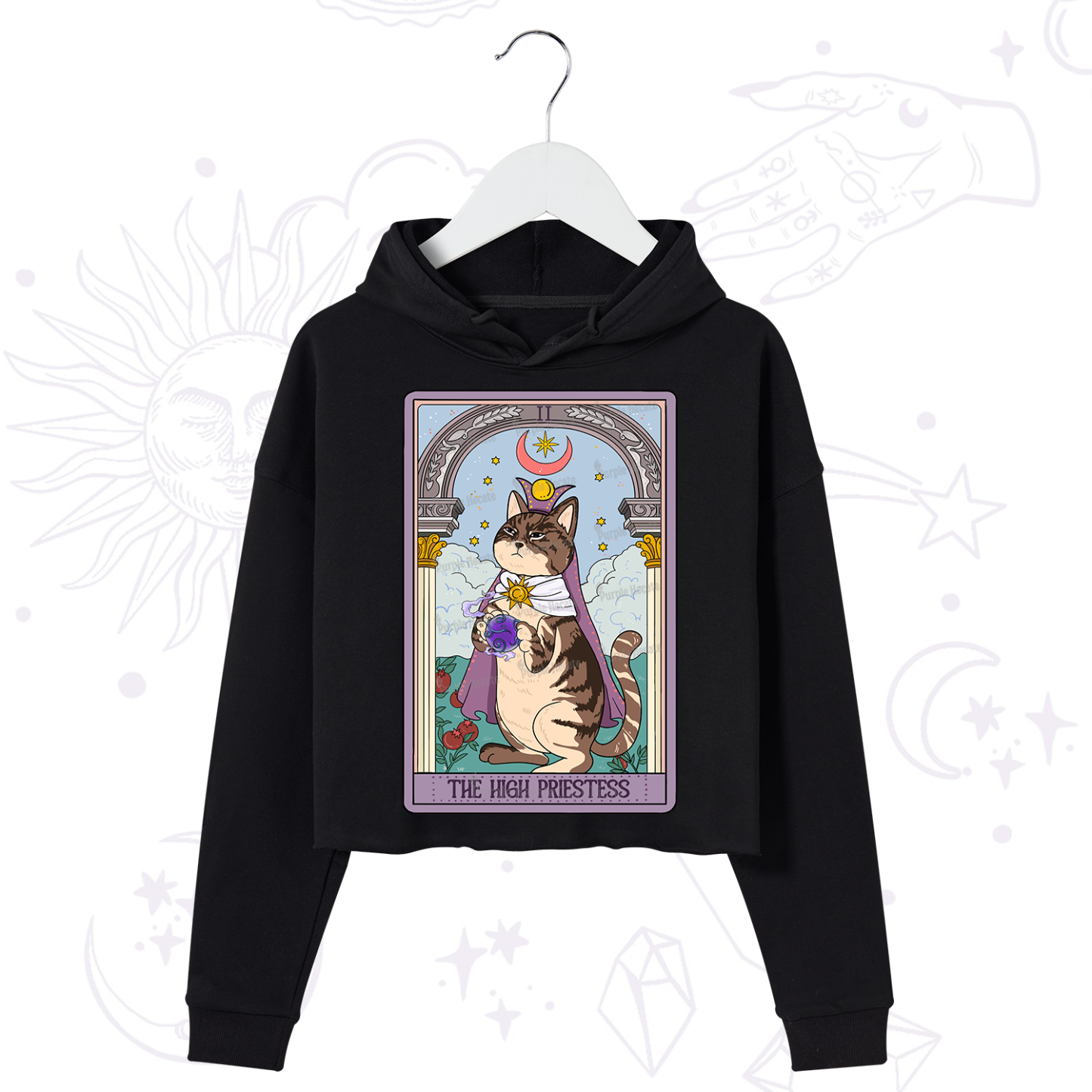 Purplehecate The High Priestess Cat Tarot Crop Hoodie