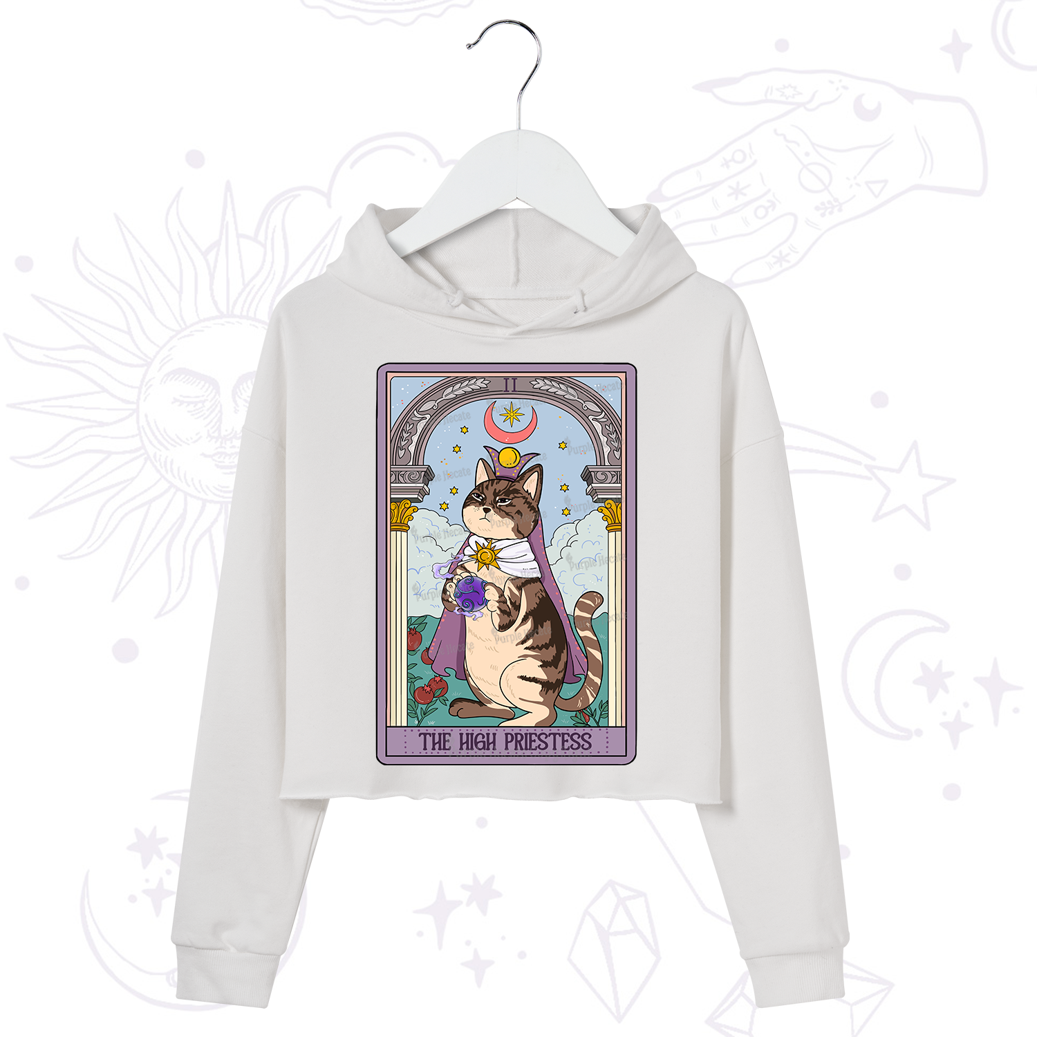 Purplehecate The High Priestess Cat Tarot Crop Hoodie