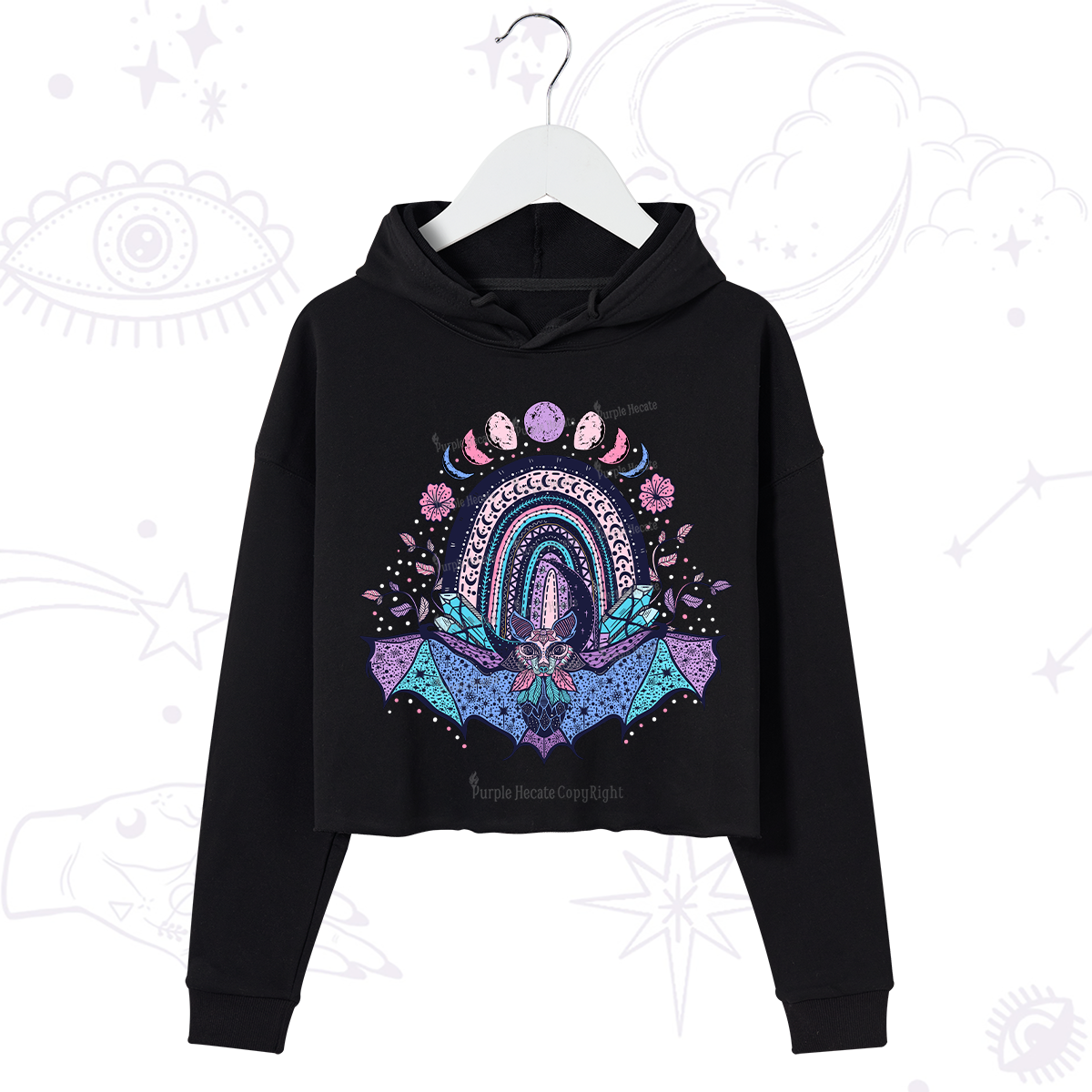 Purplehecate Moon Phase Bat Crop Hoodie