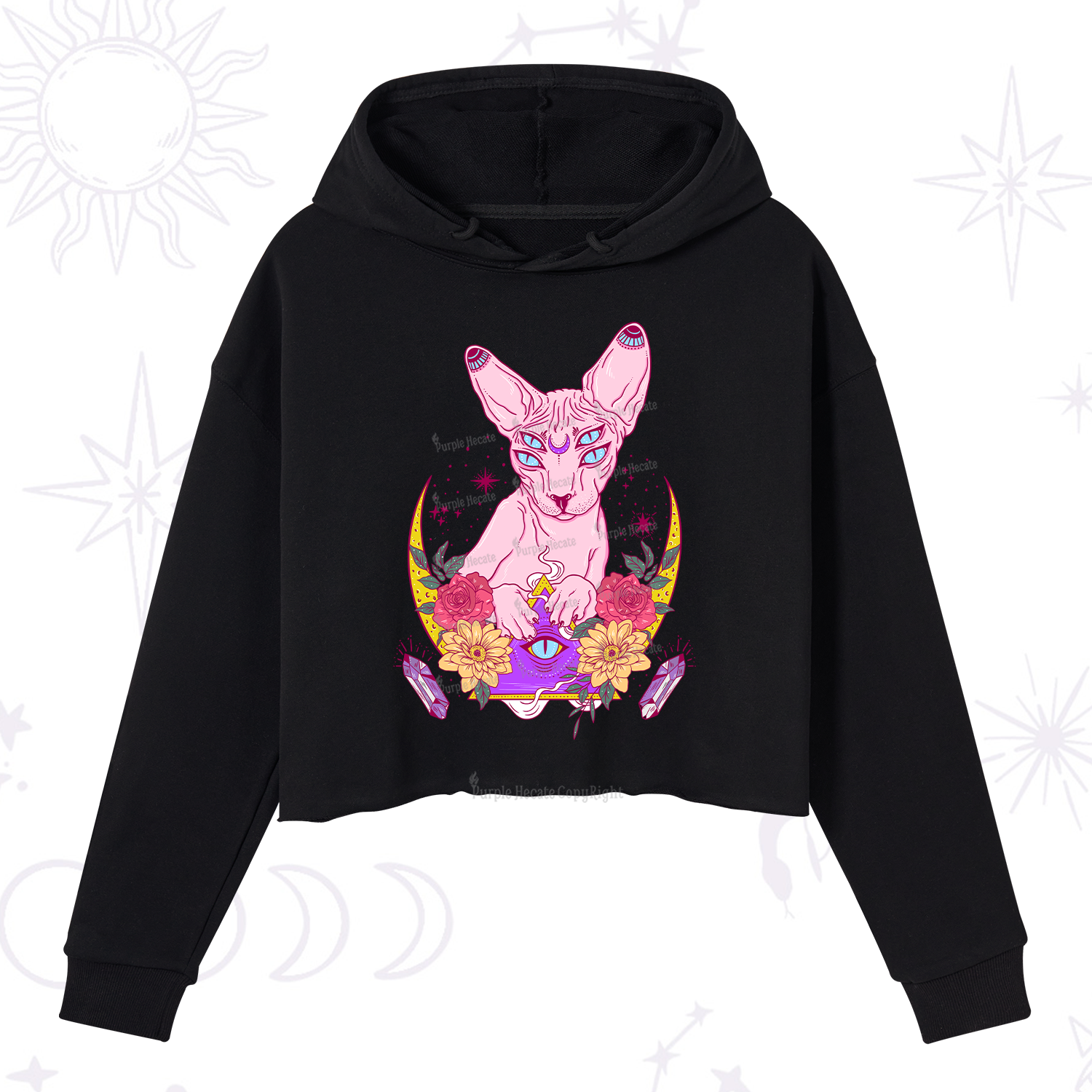 Purplehecate Moon Phase Cat Crop Hoodie