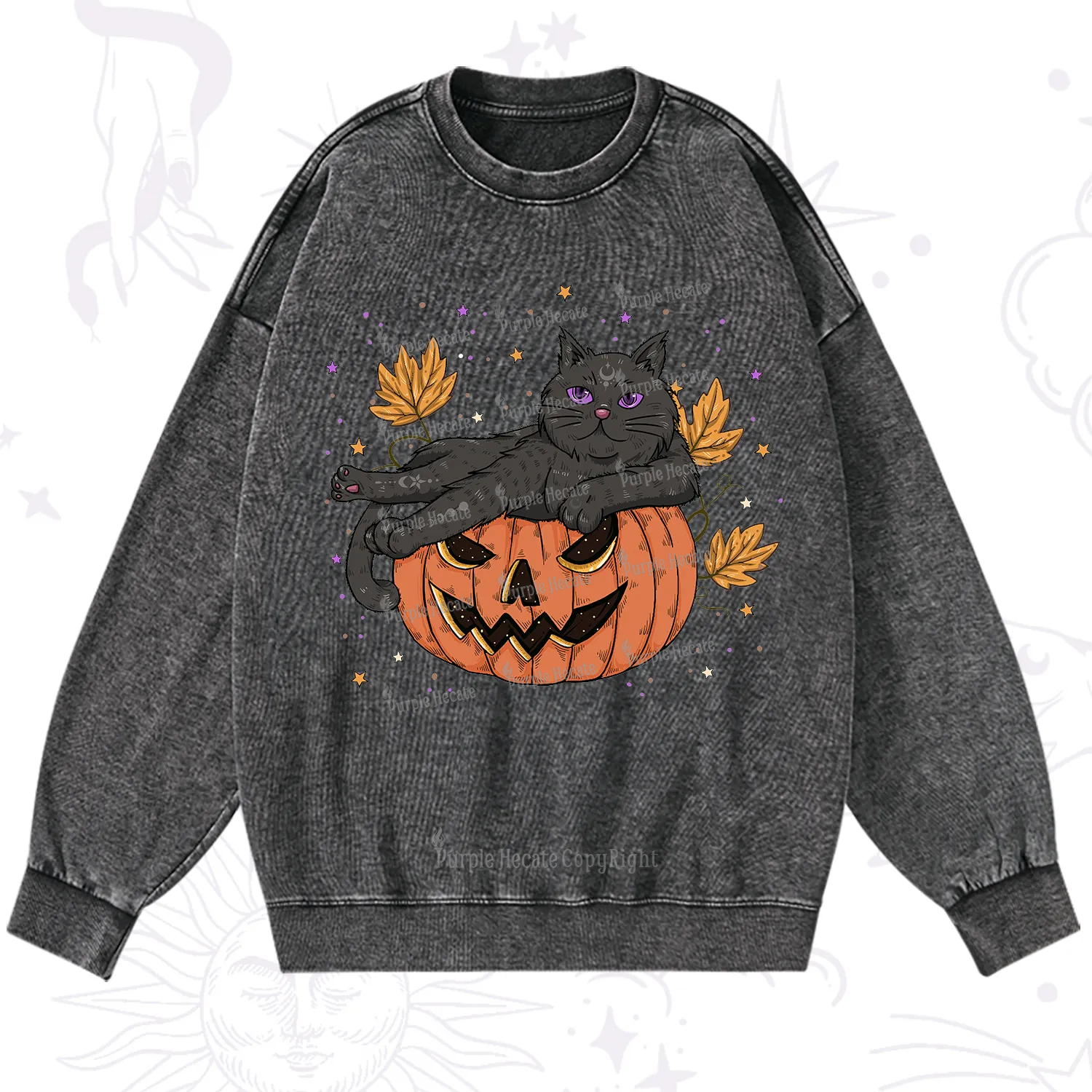 Purplehecate Pumpkin Throne of the Witch Cat Washed Sweatshirt