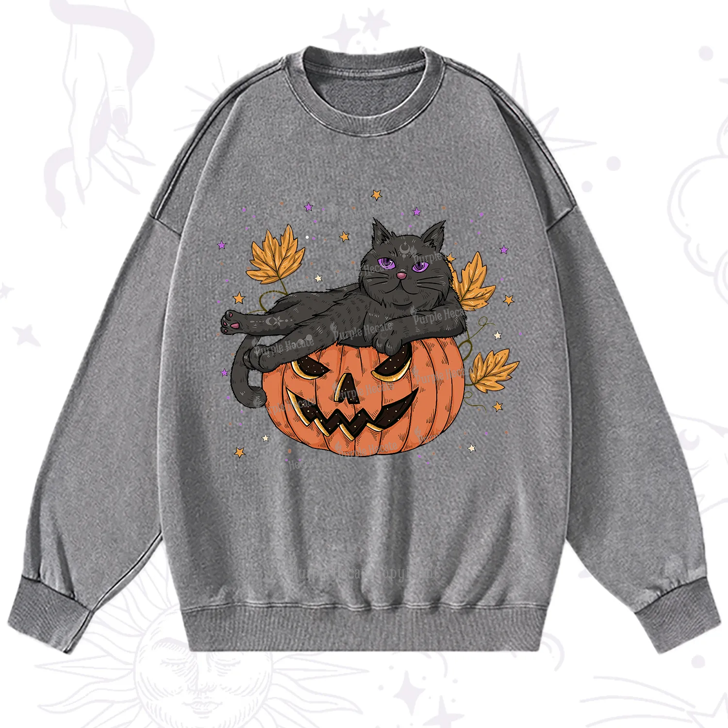 Purplehecate Pumpkin Throne of the Witch Cat Washed Sweatshirt