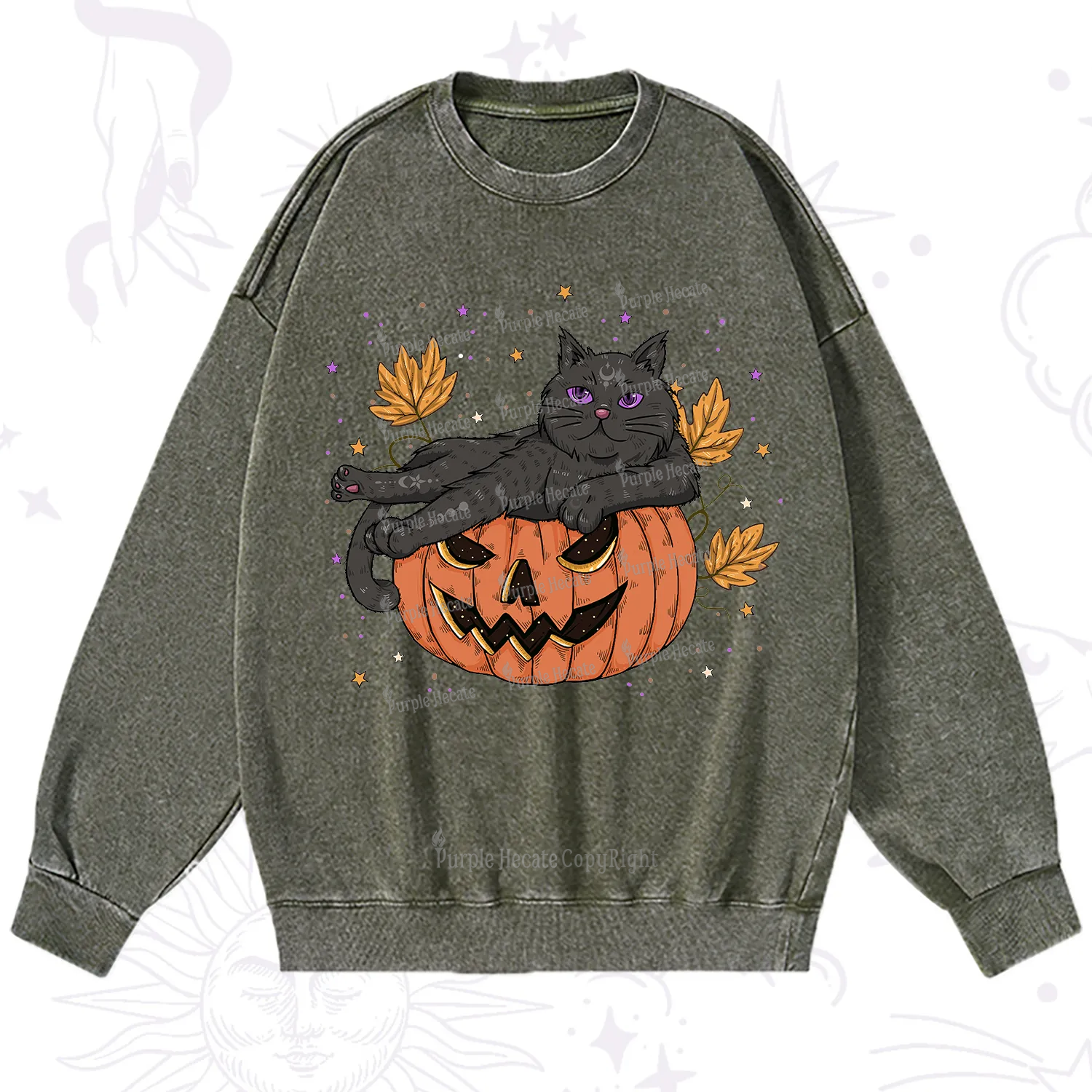 Purplehecate Pumpkin Throne of the Witch Cat Washed Sweatshirt