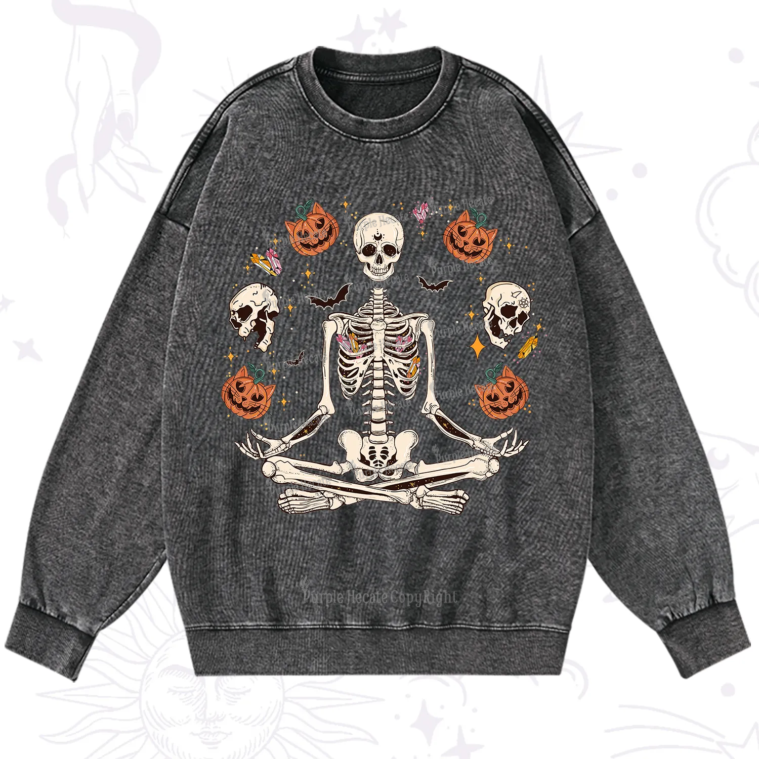 Purplehecate Funny Skeleton Halloween Washed Sweatshirt
