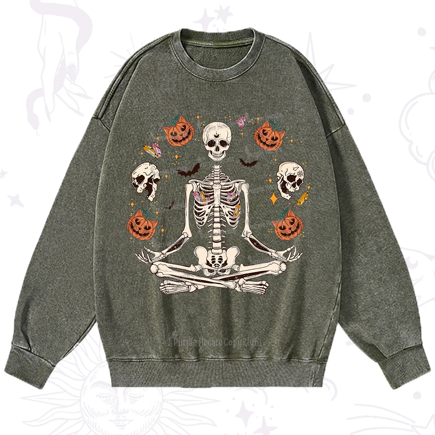 Purplehecate Funny Skeleton Halloween Washed Sweatshirt
