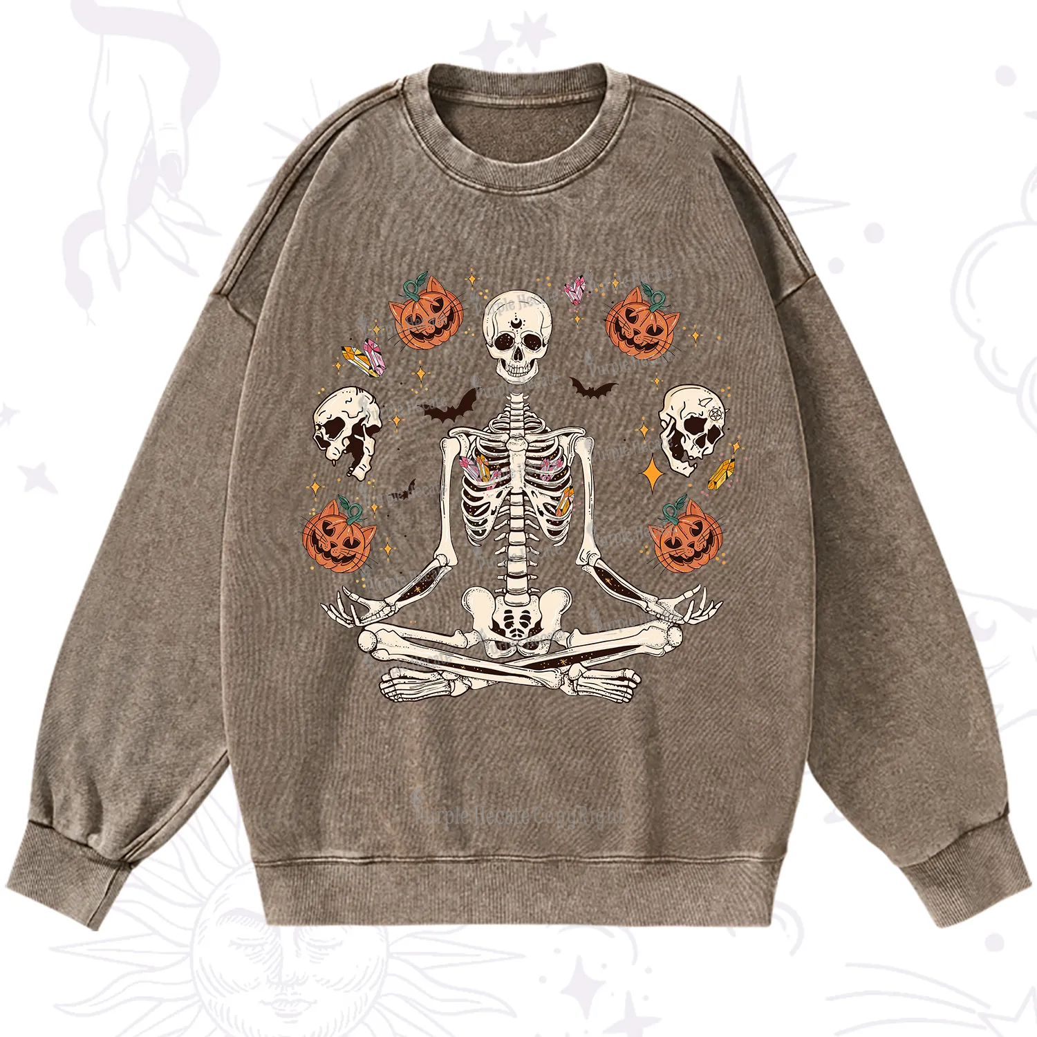 Purplehecate Funny Skeleton Halloween Washed Sweatshirt
