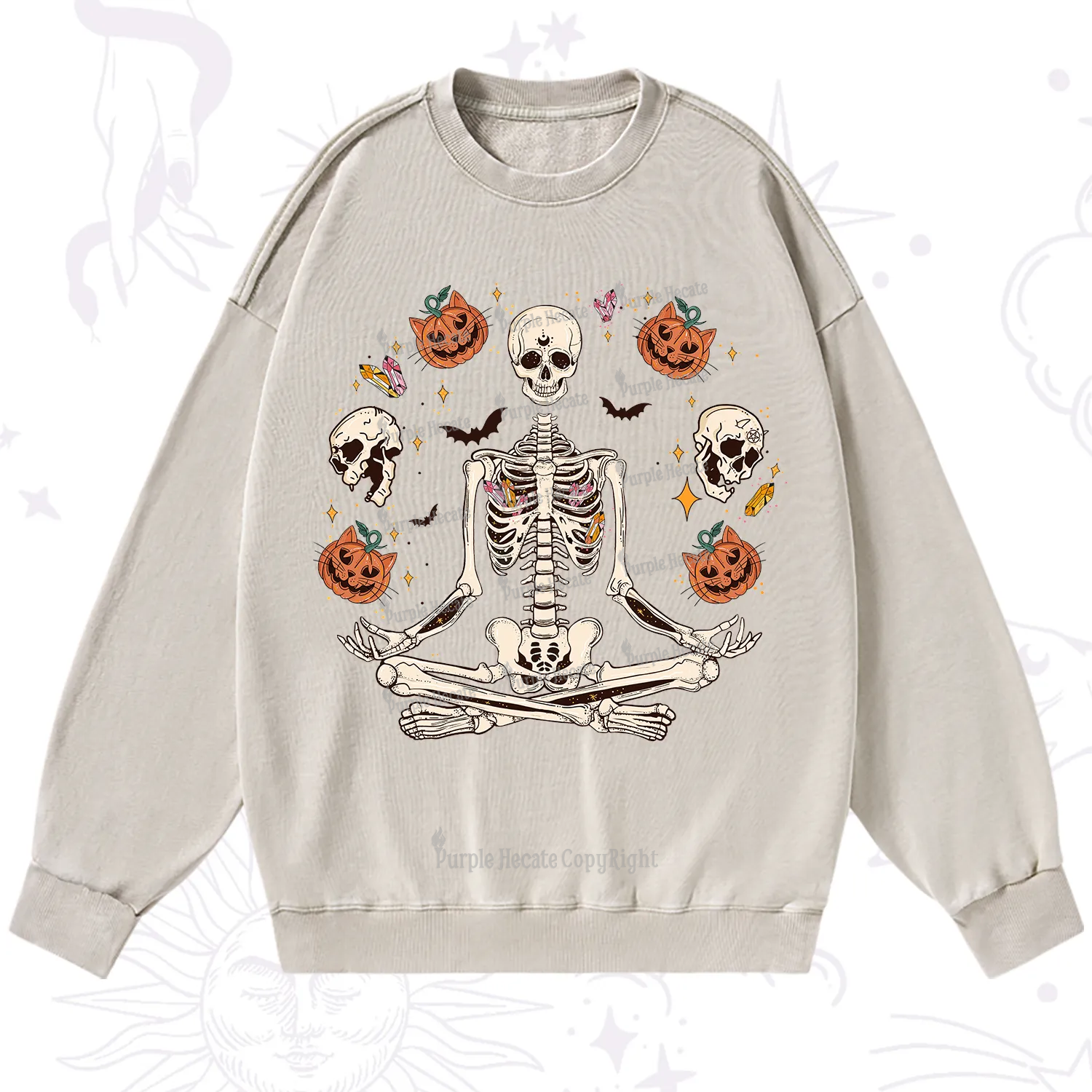 Purplehecate Funny Skeleton Halloween Washed Sweatshirt