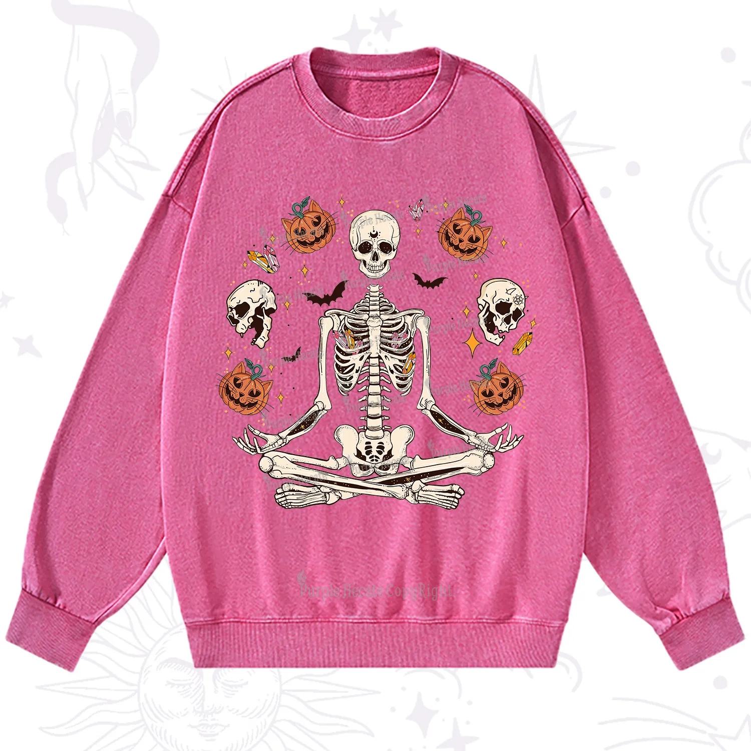 Purplehecate Funny Skeleton Halloween Washed Sweatshirt