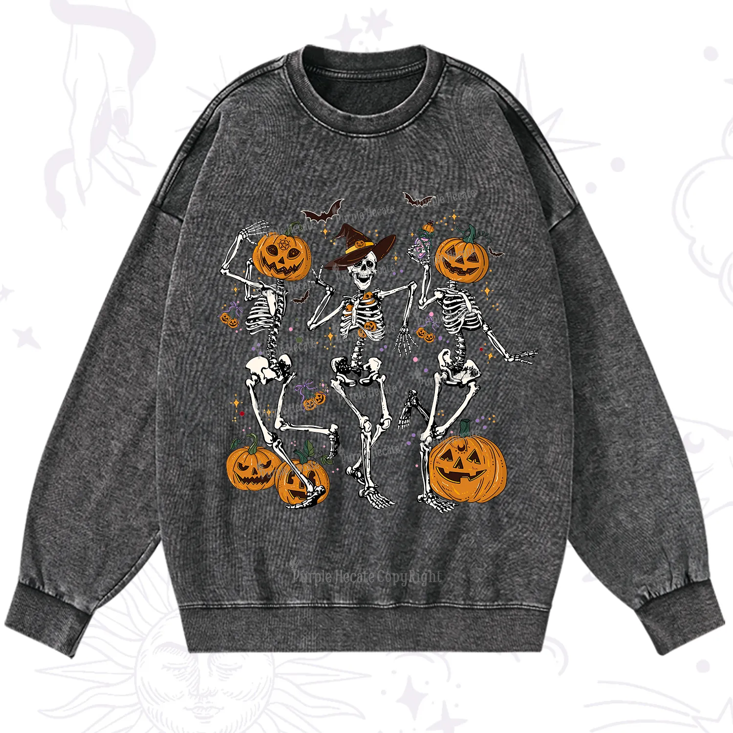 Purplehecate Pumpkin Head Skeleton Dance Halloween Washed Sweatshirt