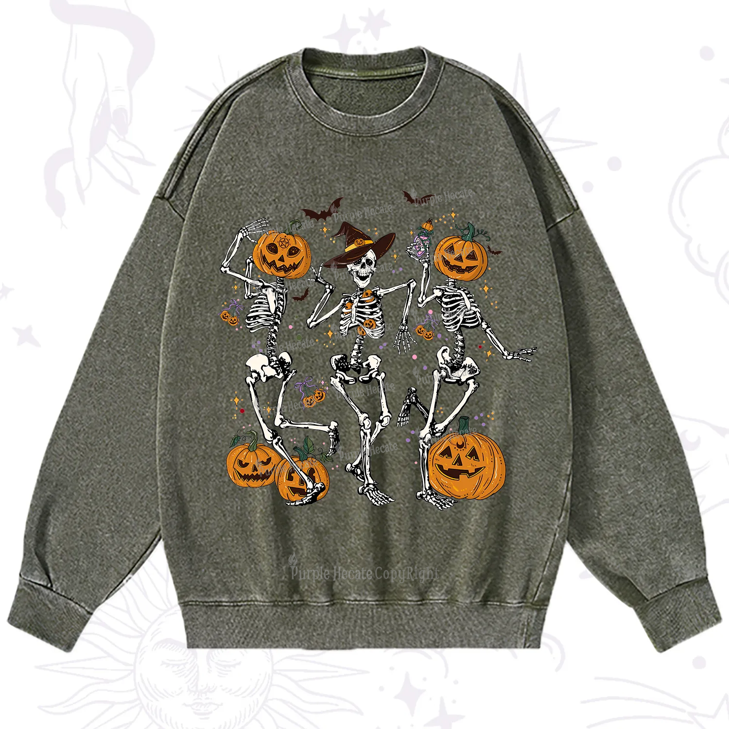 Purplehecate Pumpkin Head Skeleton Dance Halloween Washed Sweatshirt