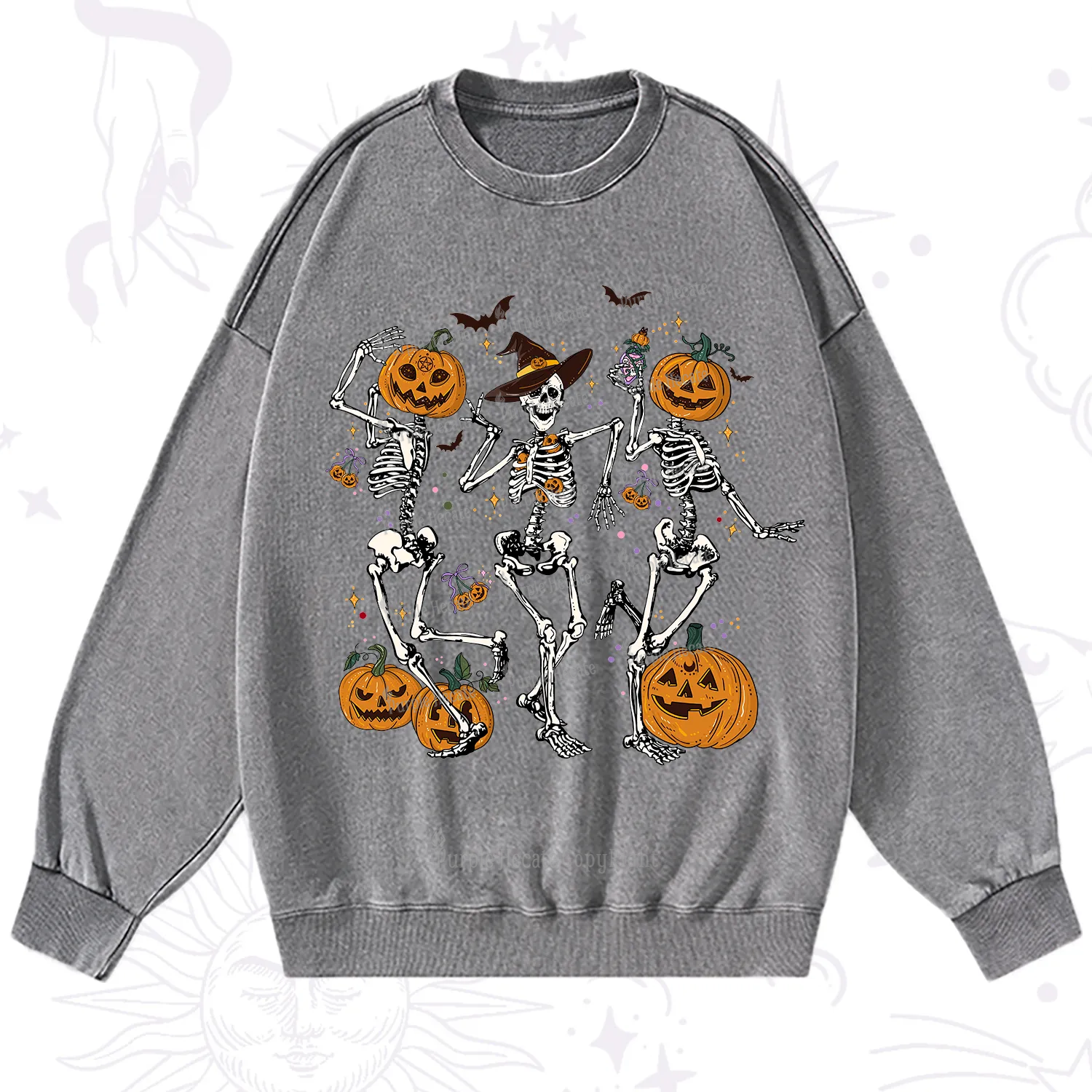 Purplehecate Pumpkin Head Skeleton Dance Halloween Washed Sweatshirt
