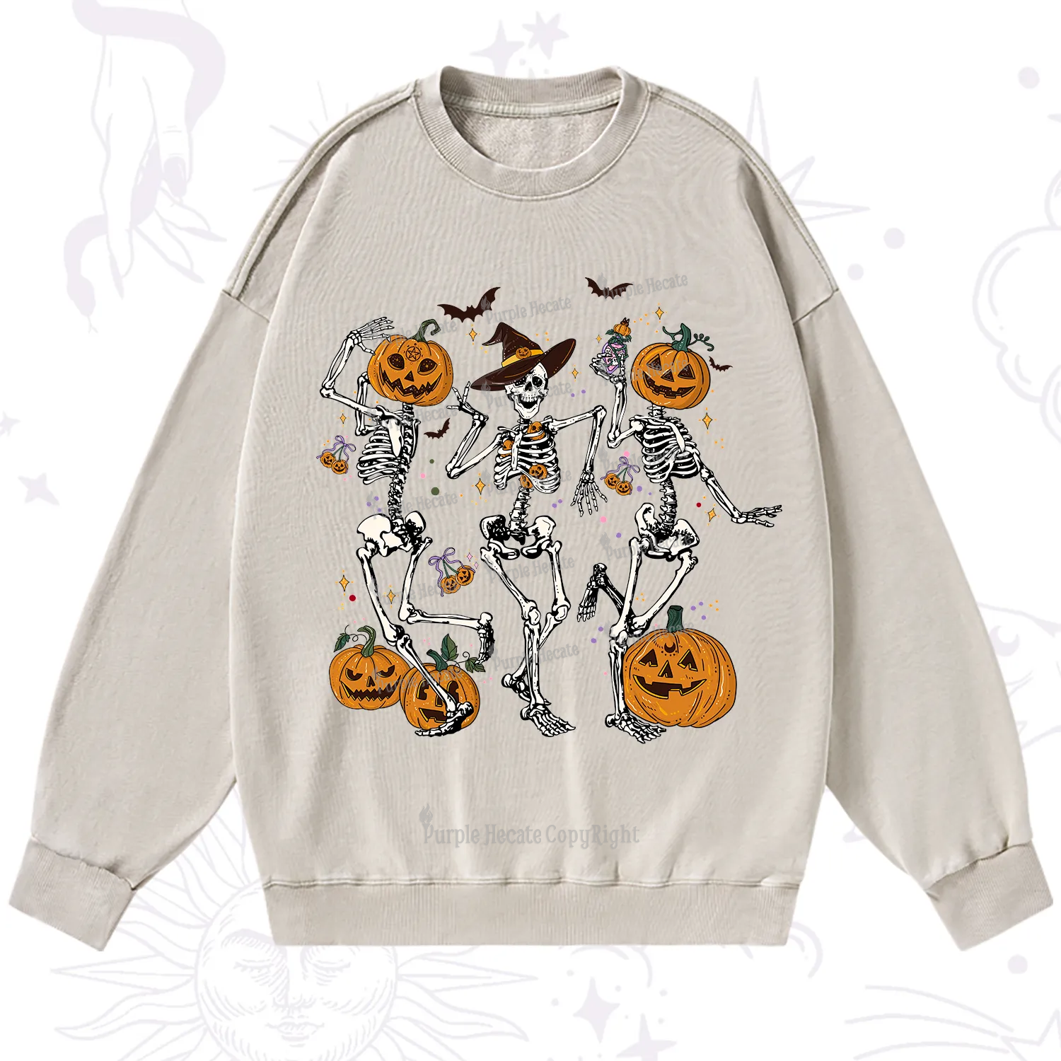 Purplehecate Pumpkin Head Skeleton Dance Halloween Washed Sweatshirt