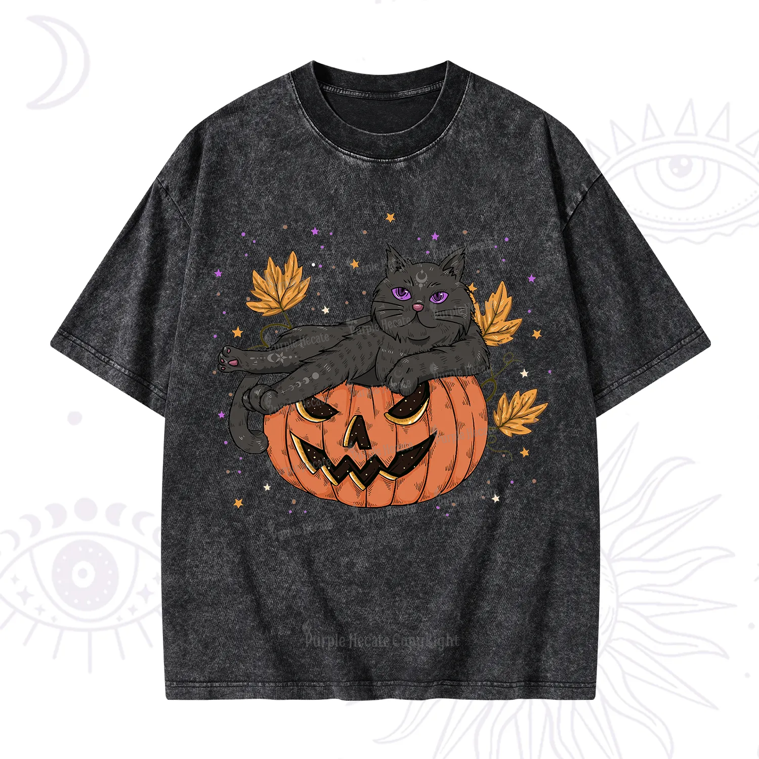 Purplehecate Pumpkin Throne of the Witch Cat Washed T-Shirt