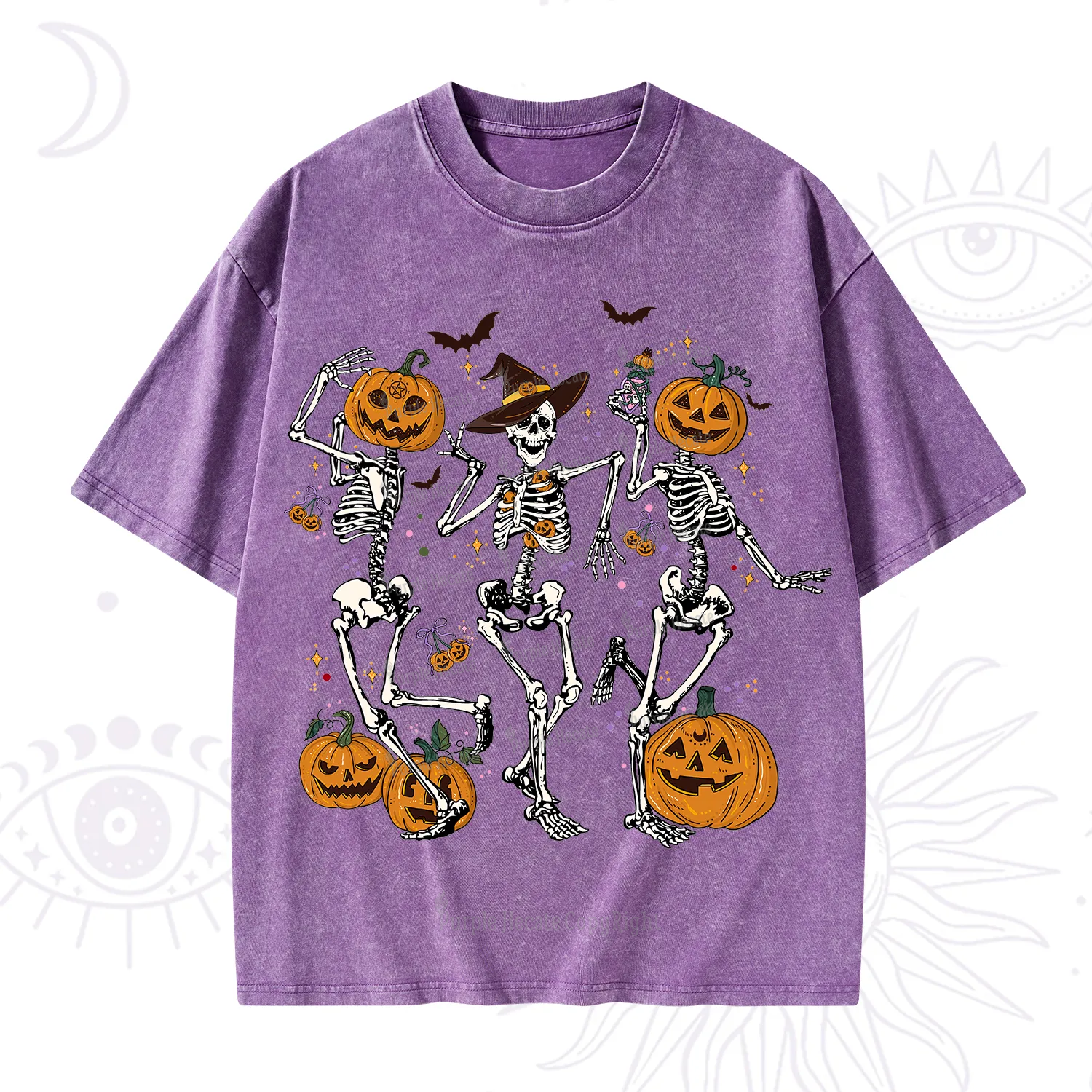 Purplehecate Pumpkin Head Skeleton Dance Halloween Washed T-Shirt