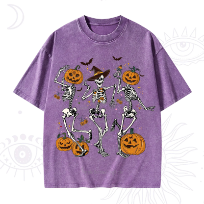Purplehecate Pumpkin Head Skeleton Dance Halloween Washed T-Shirt