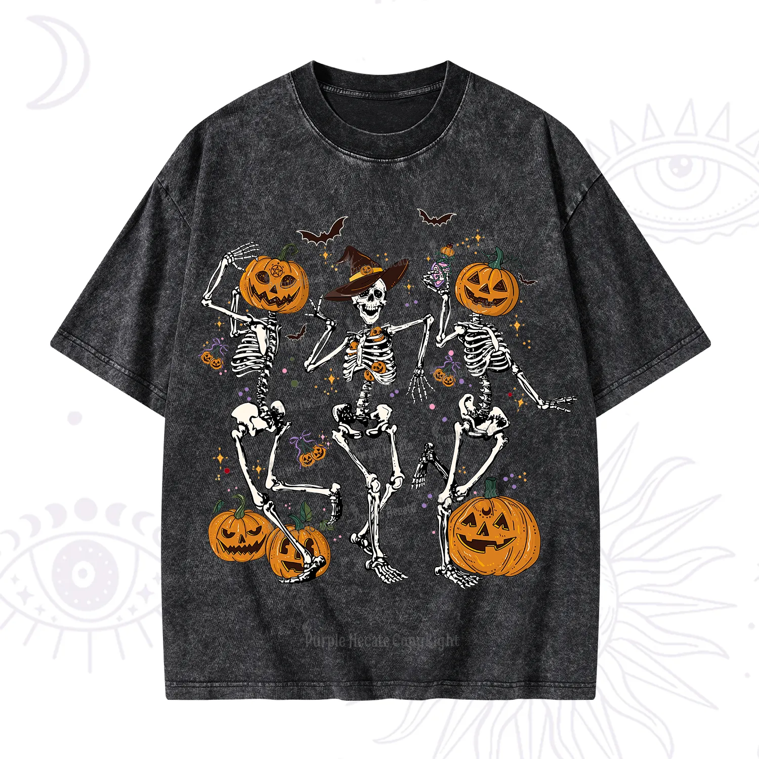 Purplehecate Pumpkin Head Skeleton Dance Halloween Washed T-Shirt