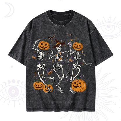 Purplehecate Pumpkin Head Skeleton Dance Halloween Washed T-Shirt