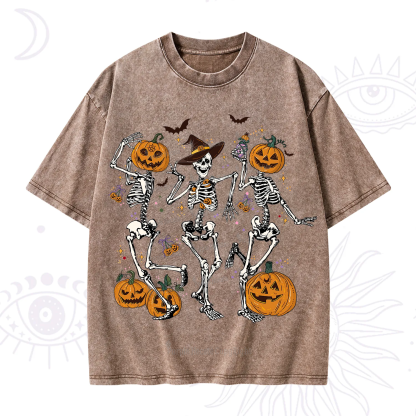 Purplehecate Pumpkin Head Skeleton Dance Halloween Washed T-Shirt