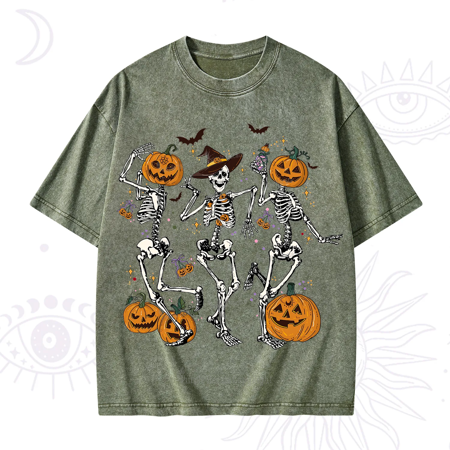 Purplehecate Pumpkin Head Skeleton Dance Halloween Washed T-Shirt