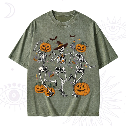 Purplehecate Pumpkin Head Skeleton Dance Halloween Washed T-Shirt