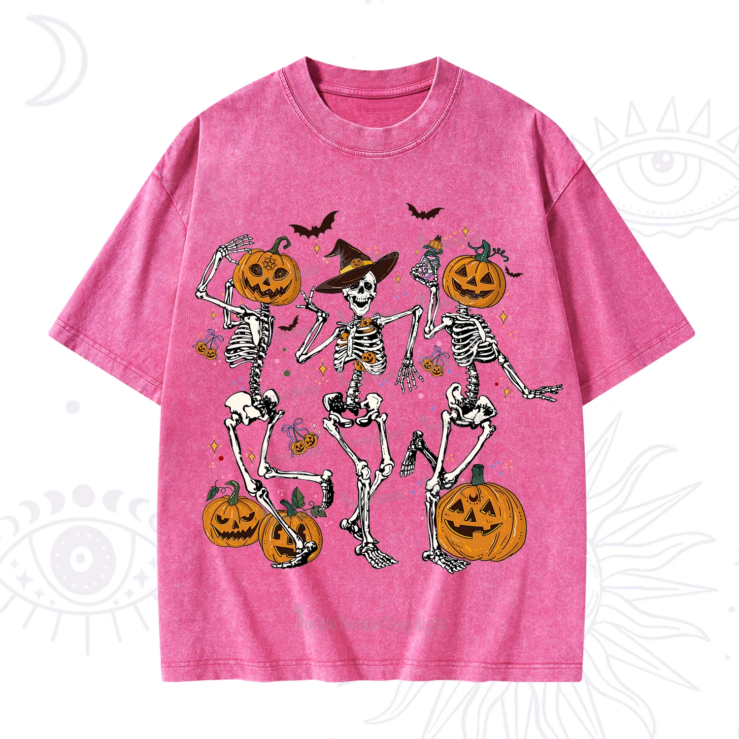 Purplehecate Pumpkin Head Skeleton Dance Halloween Washed T-Shirt