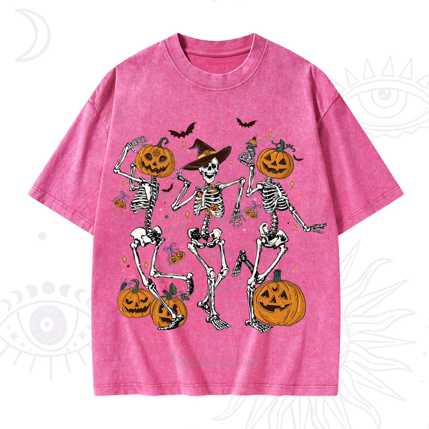Purplehecate Pumpkin Head Skeleton Dance Halloween Washed T-Shirt