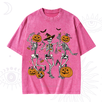 Purplehecate Pumpkin Head Skeleton Dance Halloween Washed T-Shirt