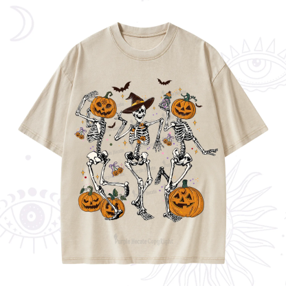 Purplehecate Pumpkin Head Skeleton Dance Halloween Washed T-Shirt