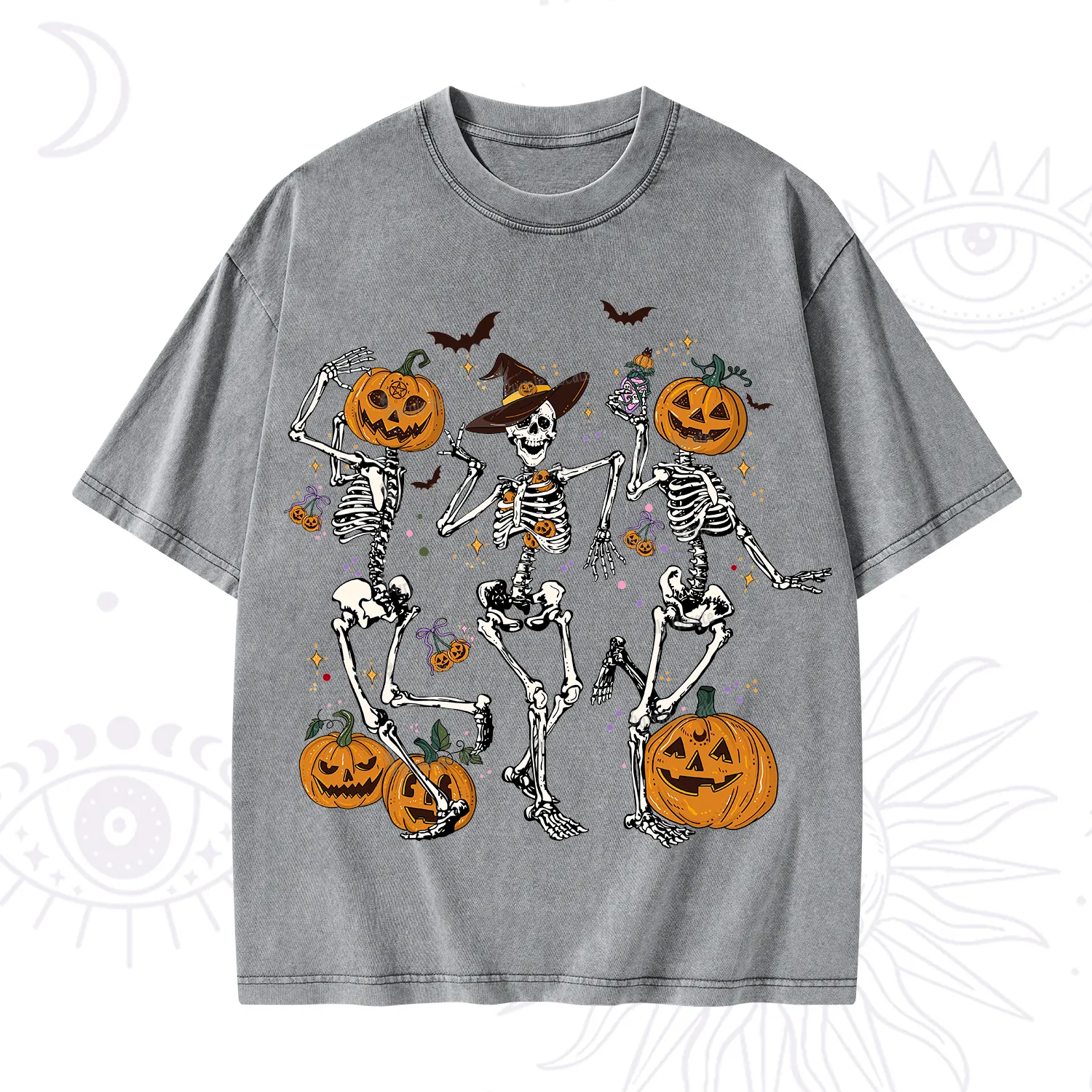 Purplehecate Pumpkin Head Skeleton Dance Halloween Washed T-Shirt