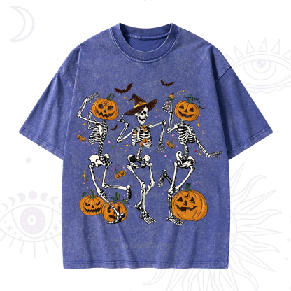 Purplehecate Pumpkin Head Skeleton Dance Halloween Washed T-Shirt