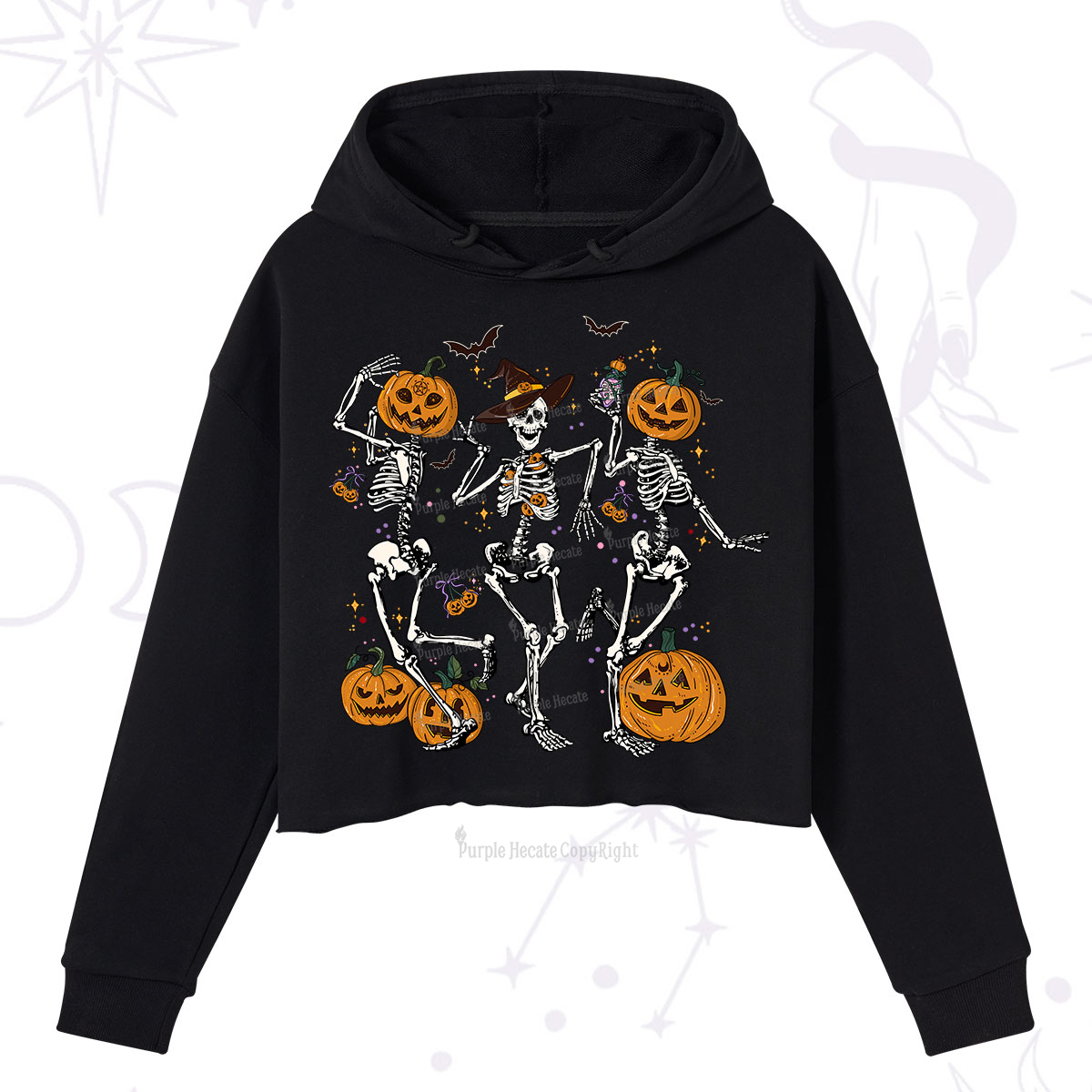 Purplehecate Pumpkin Head Skeleton Dance Halloween Crop Hoodie