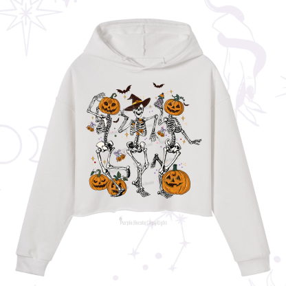 Purplehecate Pumpkin Head Skeleton Dance Halloween Crop Hoodie