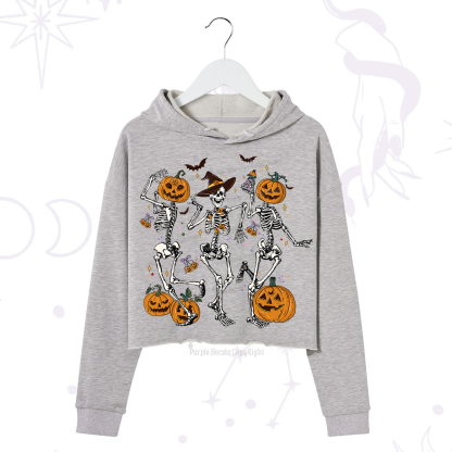 Purplehecate Pumpkin Head Skeleton Dance Halloween Crop Hoodie