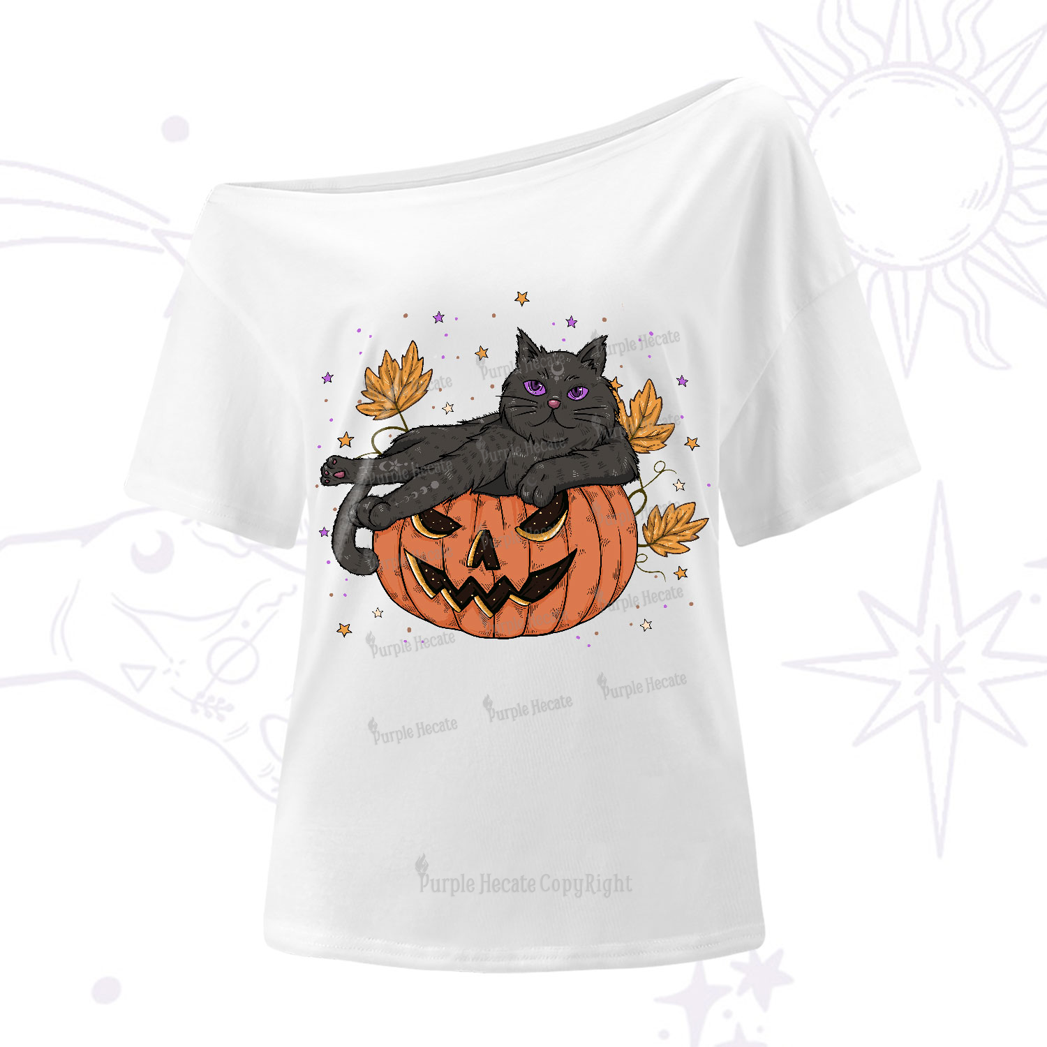 Purplehecate Pumpkin Throne of the Witch Cat One-Shoulder T-Shirt