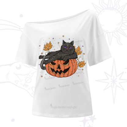 Purplehecate Pumpkin Throne of the Witch Cat One-Shoulder T-Shirt