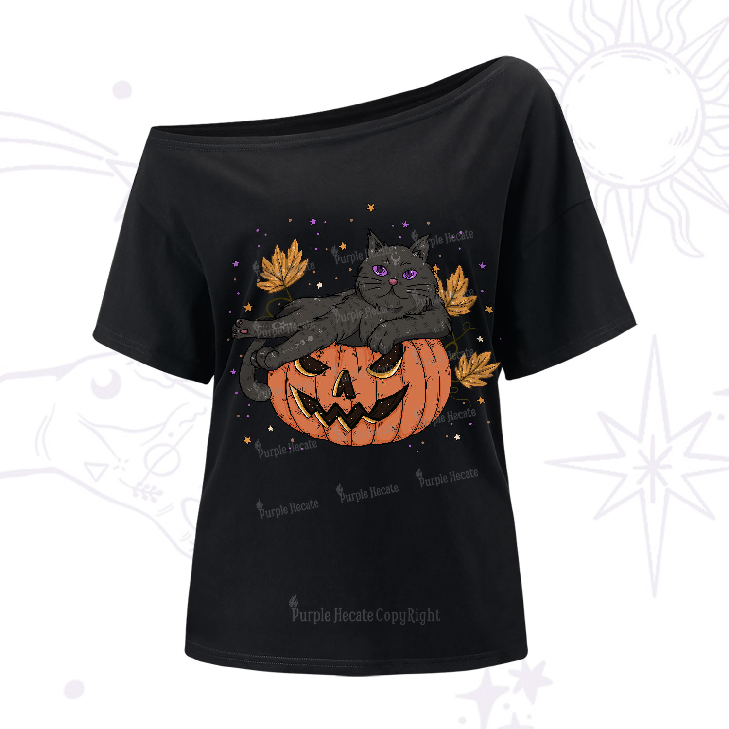 Purplehecate Pumpkin Throne of the Witch Cat One-Shoulder T-Shirt