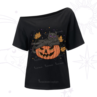 Purplehecate Pumpkin Throne of the Witch Cat One-Shoulder T-Shirt