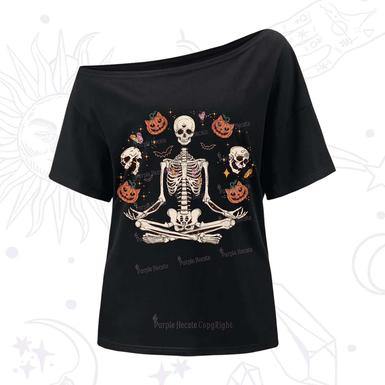 Purplehecate Funny Skeleton Halloween One-Shoulder T-Shirt