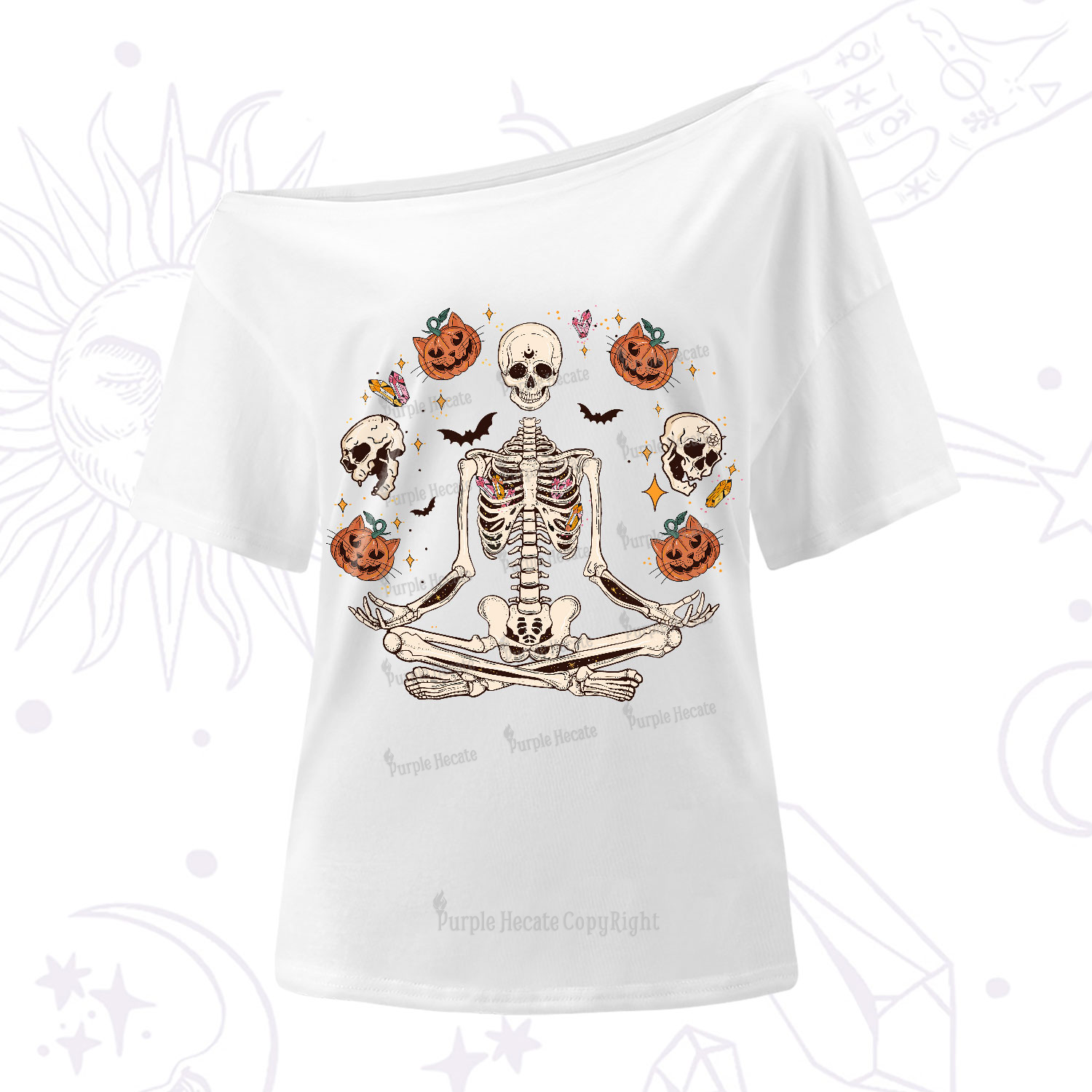 Purplehecate Funny Skeleton Halloween One-Shoulder T-Shirt
