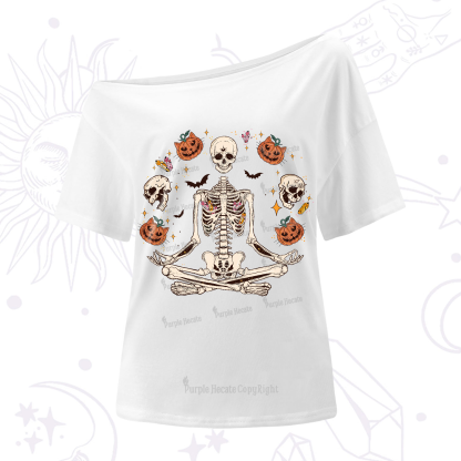 Purplehecate Funny Skeleton Halloween One-Shoulder T-Shirt