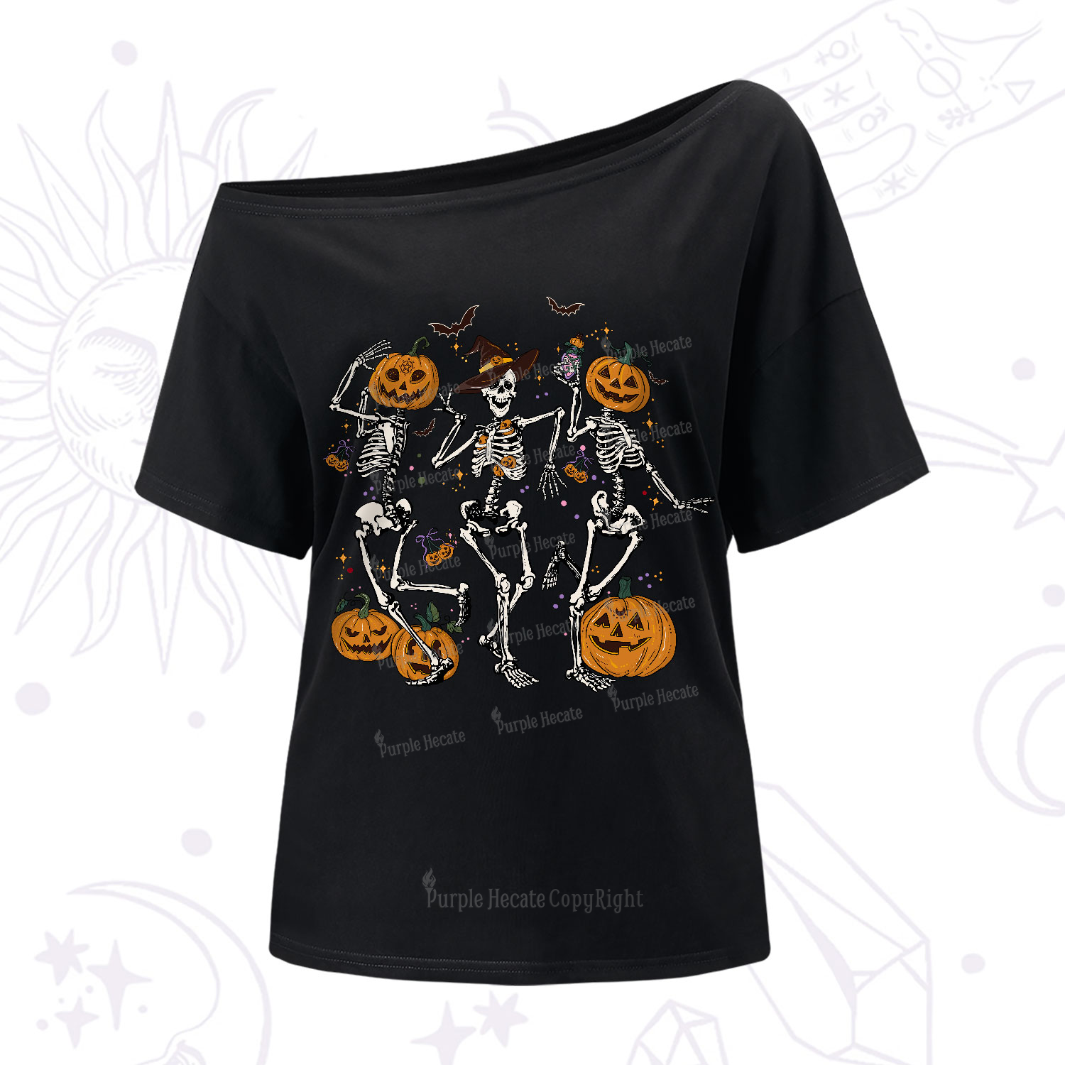Purplehecate Pumpkin Head Skeleton Dance Halloween One-Shoulder T-Shirt