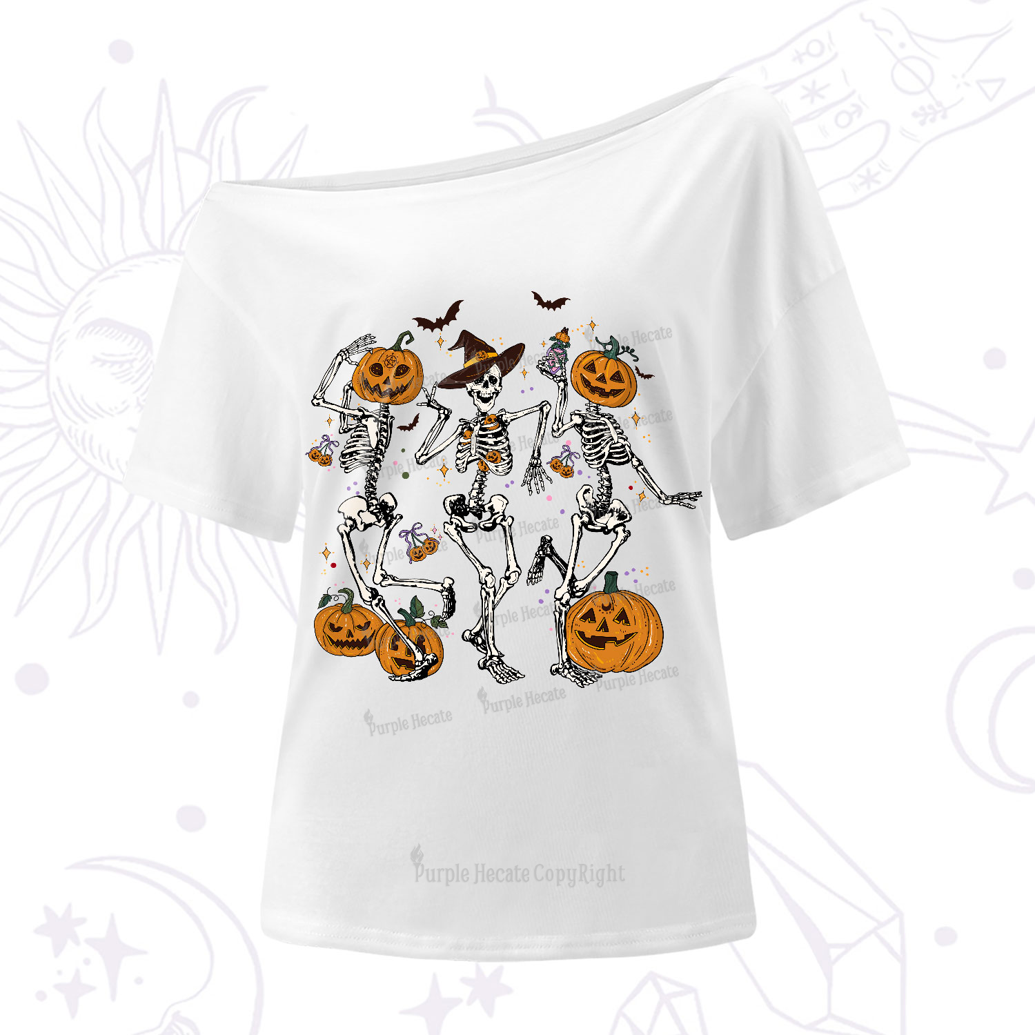 Purplehecate Pumpkin Head Skeleton Dance Halloween One-Shoulder T-Shirt