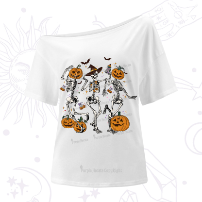 Purplehecate Pumpkin Head Skeleton Dance Halloween One-Shoulder T-Shirt