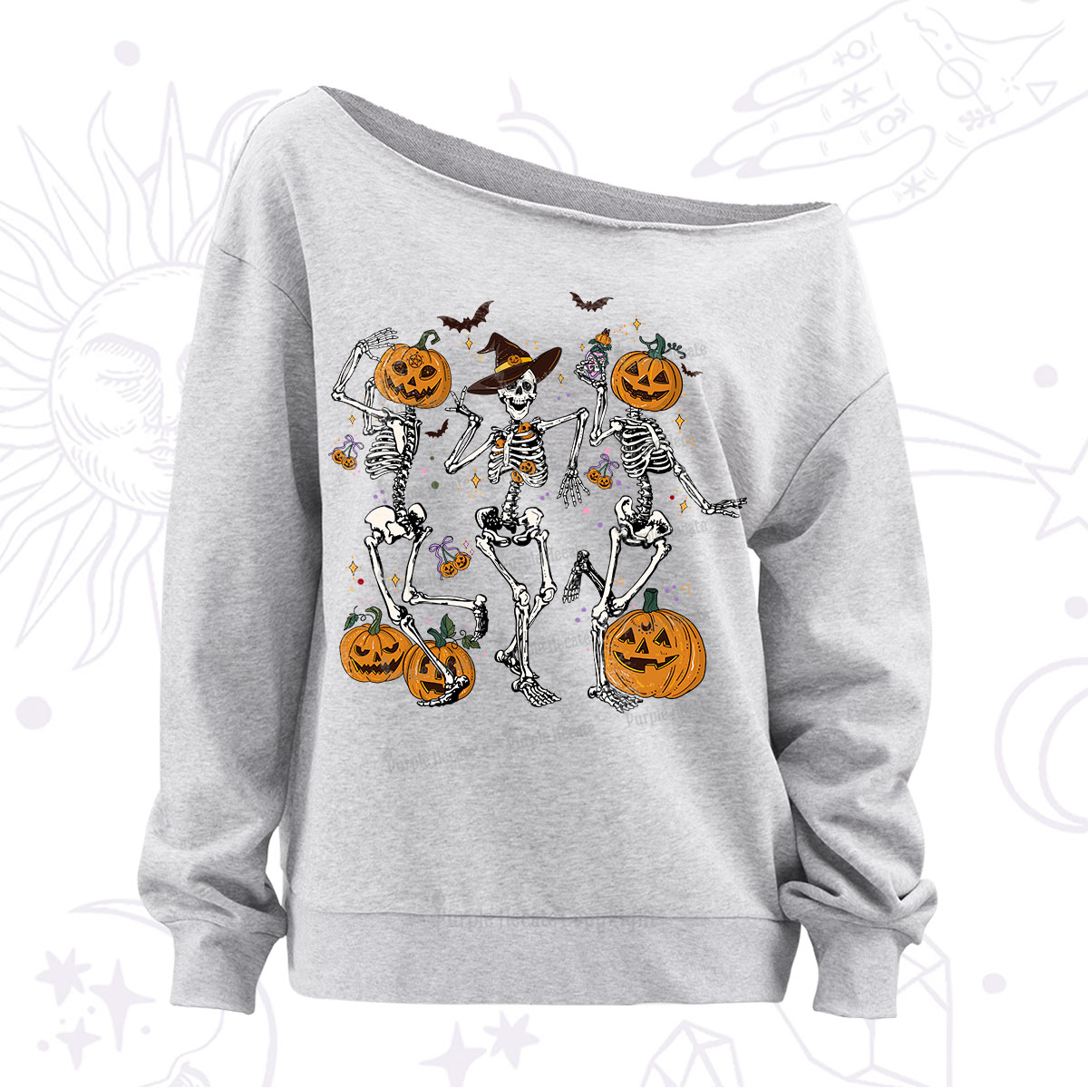 Purplehecate Pumpkin Head Skeleton Dance Halloween Off The Shoulder Sweatshirt