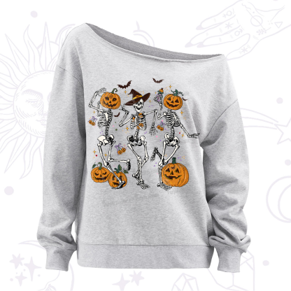 Purplehecate Pumpkin Head Skeleton Dance Halloween Off The Shoulder Sweatshirt